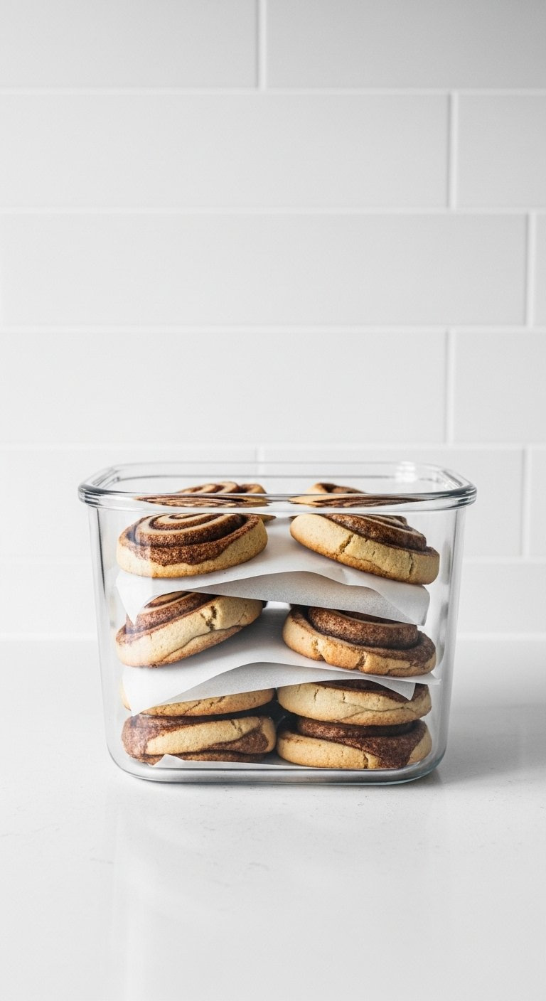 Airtight Glass Container Filled With Layered Cinnamon Roll Sugar Cookies On A White Countertop Against A Tiled Wall.