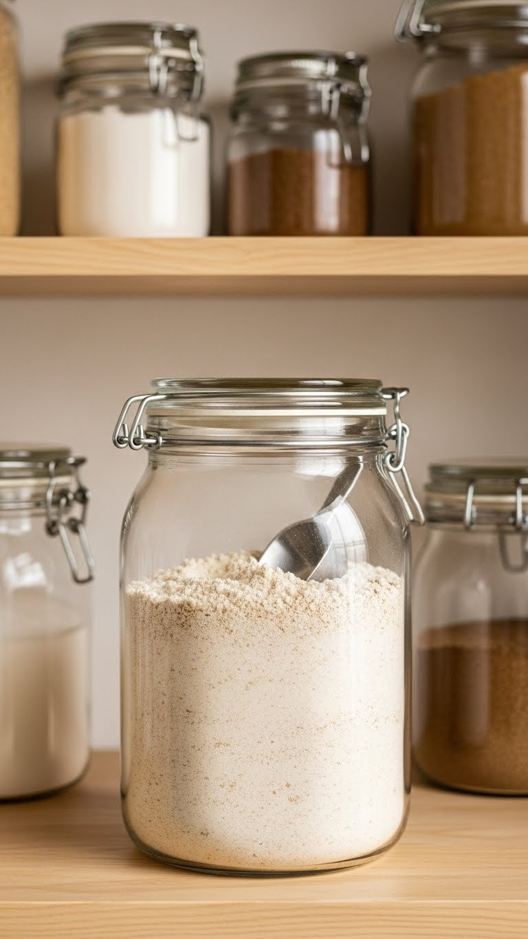 Airtight Glass Jar Filled With Oat Flour And Scoop Stored In Organized Pantry Shelf