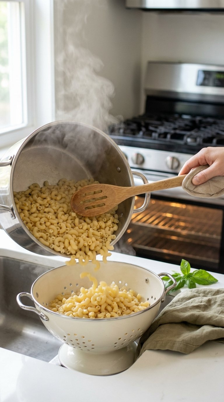 Al Dente Elbow Macaroni Being Drained From Stainless Steel Pot With Steam Rising And Oven Preheating In Background