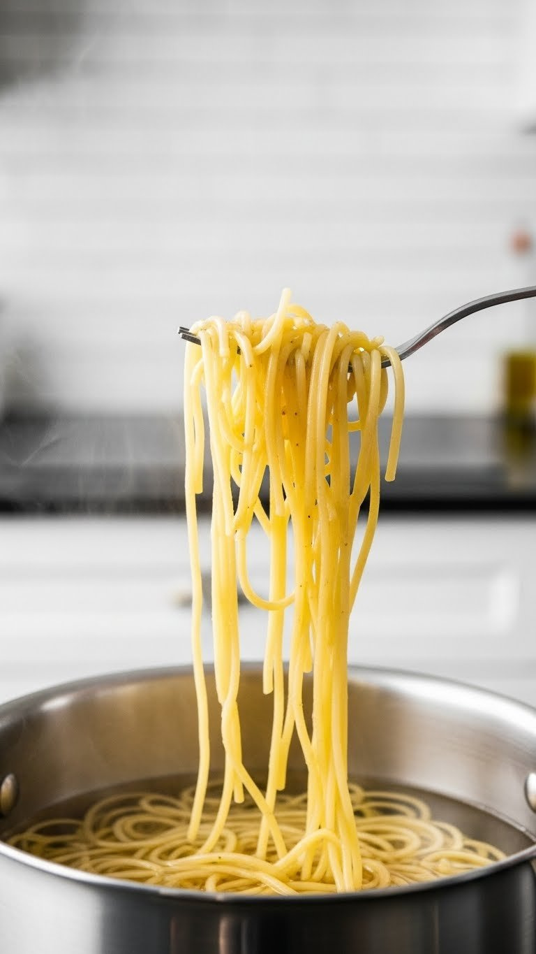 Al Dente Spaghetti Noodles Being Lifted From Boiling Water With Steam Rising And Glistening Texture In Professional Kitchen