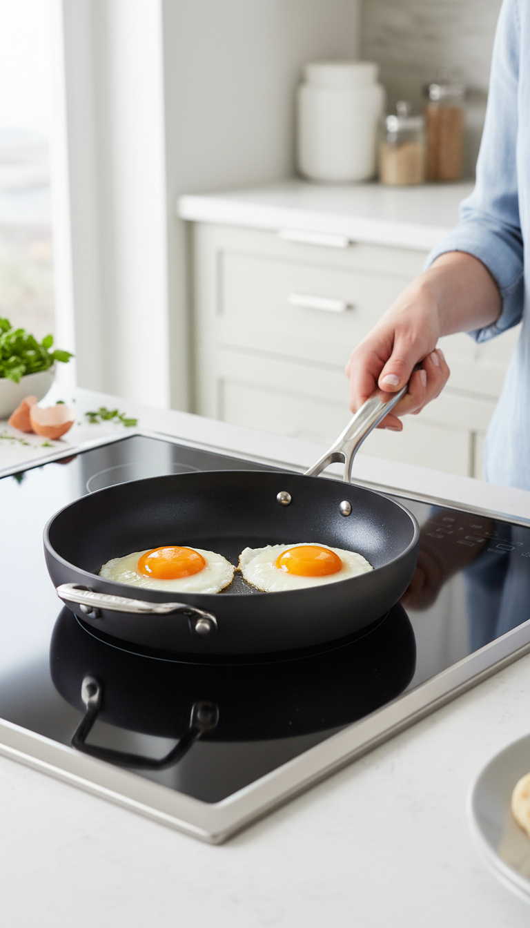 A Photo Of The All-Clad Ha1 Fry Pan Cooking Eggs To Demonstrate Its Nonstick Capabilities.
