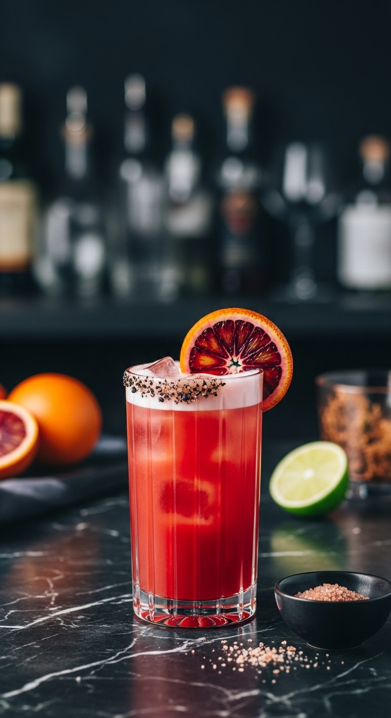 Alluring Chilling Blood Orange Tequila Paloma In Highball Glass With Frothy Top, Blood Orange Wheel, Smoked Salt Rim On Dark Marble Bar.