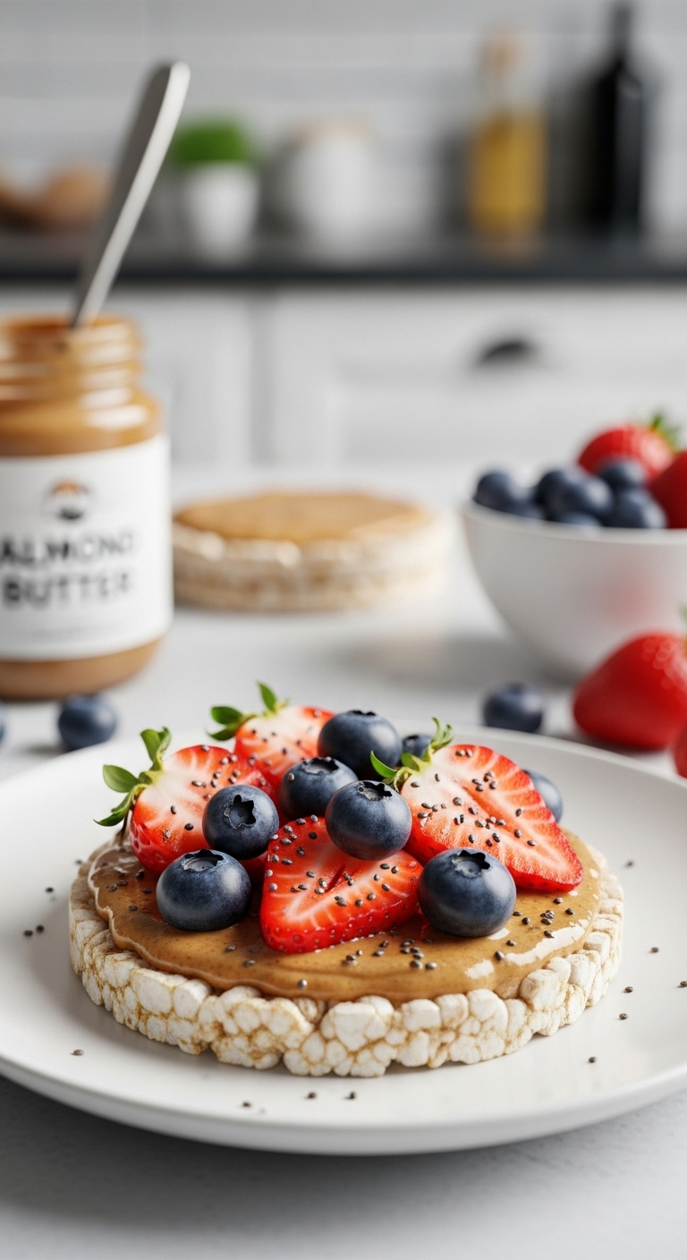 Almond Butter And Berry Rice Cake With Sliced Strawberries Blueberries And Chia Seeds On A White Plate With A Jar Of Almond Butter