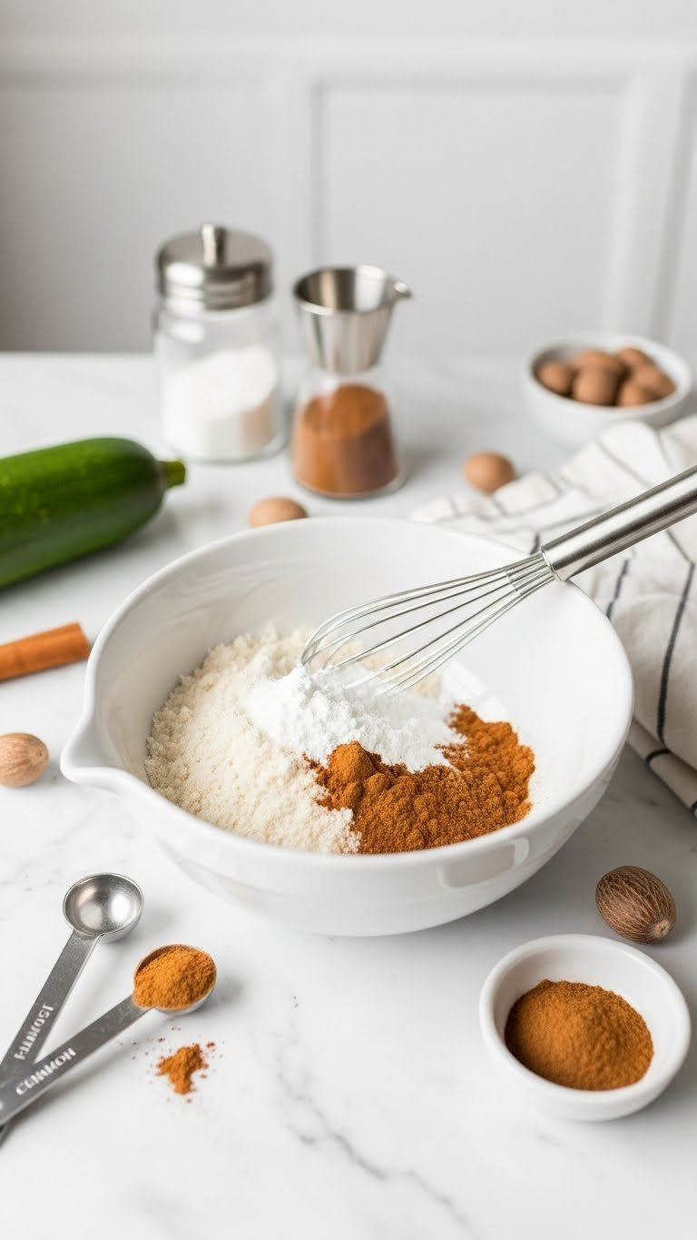 Almond Flour, Baking Powder, Cinnamon, And Nutmeg Layered In White Bowl With Metal Whisk For Keto Zucchini Bread