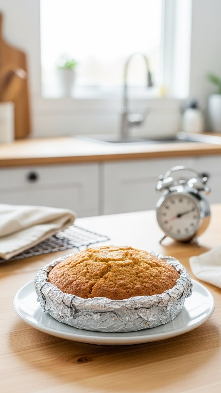 Almond Flour Cake Partially Covered With Aluminum Foil Showing Golden-Brown Center On White Ceramic Plate For Baking Technique
