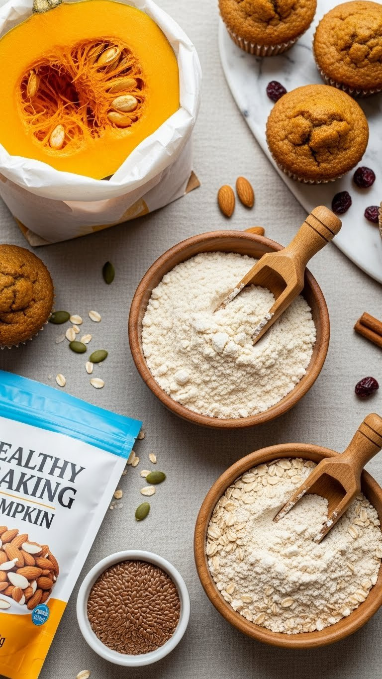 Almond Flour, Oat Flour, And Flaxseed With Whole Wheat Pumpkin Muffins Arranged In Top-Down Flat Lay Composition