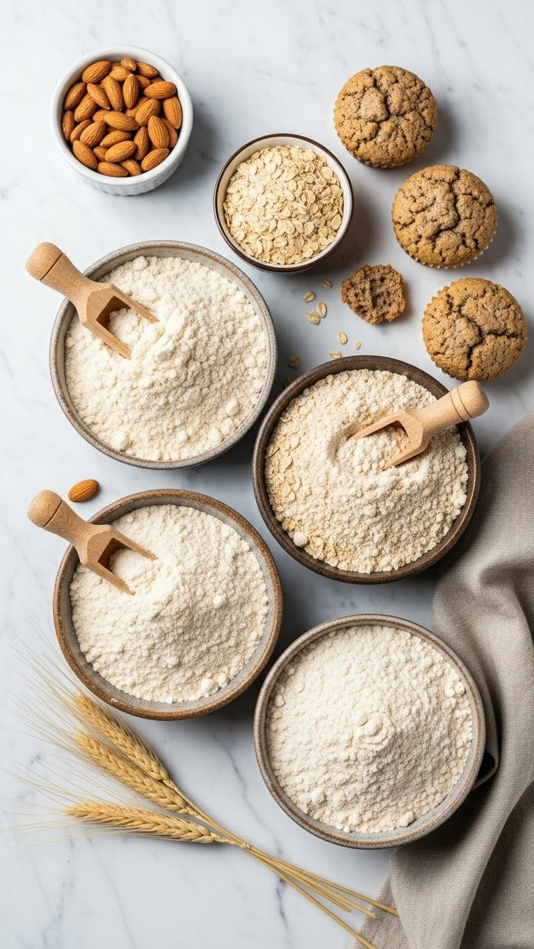 Almond Flour, Oat Flour, Coconut Flour, And Whole Wheat Flour In Ceramic Bowls With Baked Goods On Marble Countertop