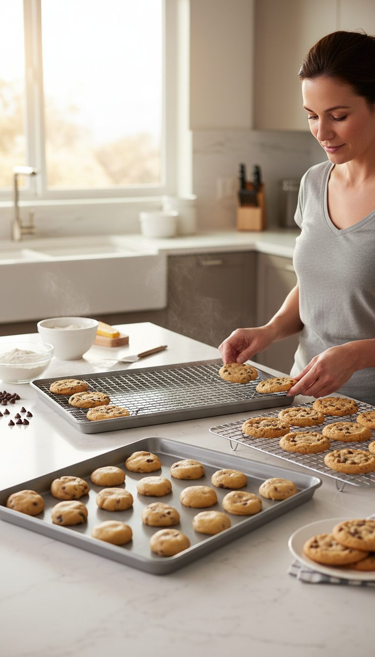 A Picture Showing The Amazon Basics Ceramic Baking Sheets In Use, With Cookies Baking Evenly On One And Roasted Vegetables On The Other.