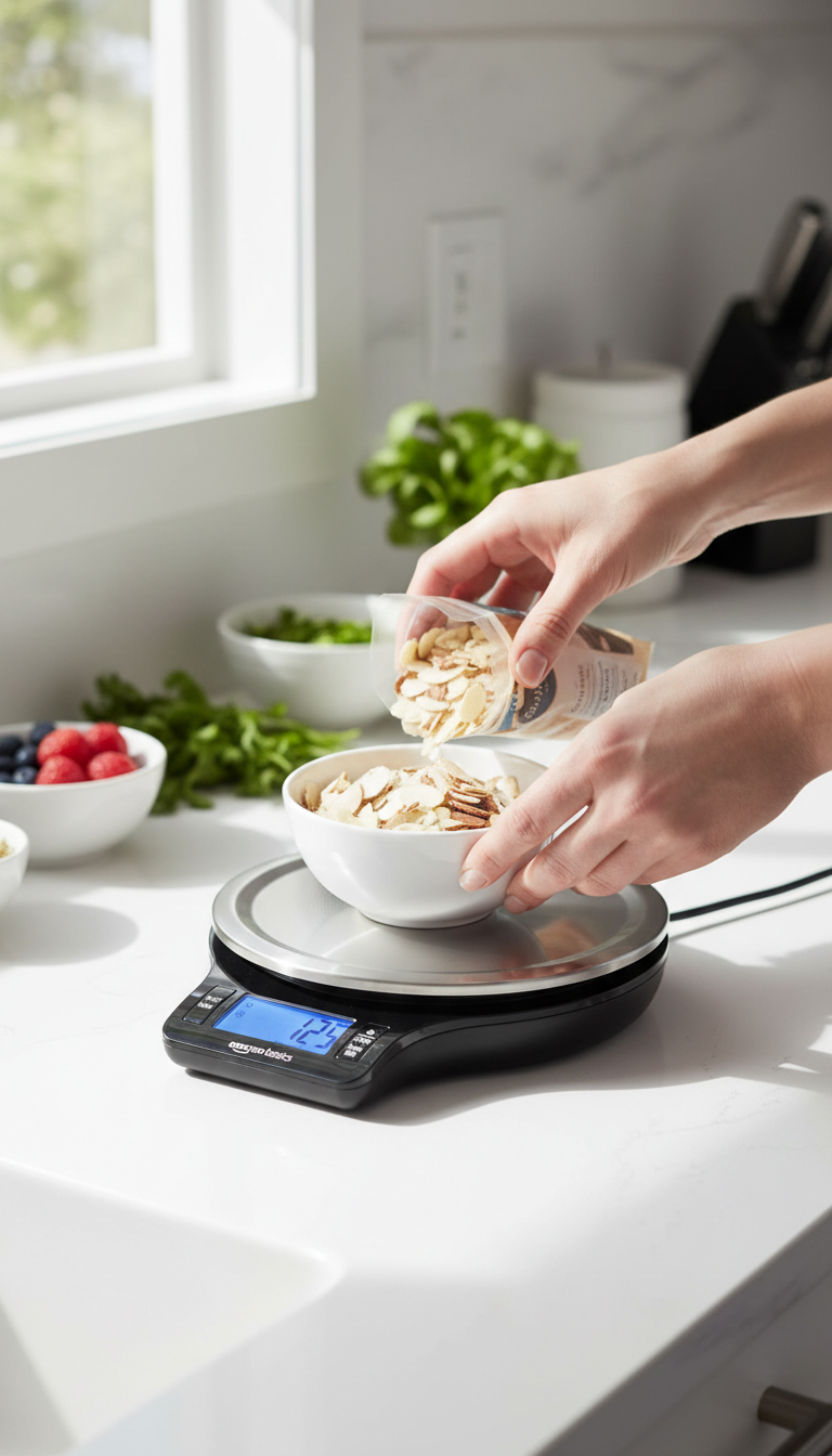 A Photo Showing The Amazon Basics Scale On A Counter Next To A Bag Of Flour, A Small Bowl Of Coffee Beans, And A Set Of Calibration Weights, Demonstrating The Testing Setup.