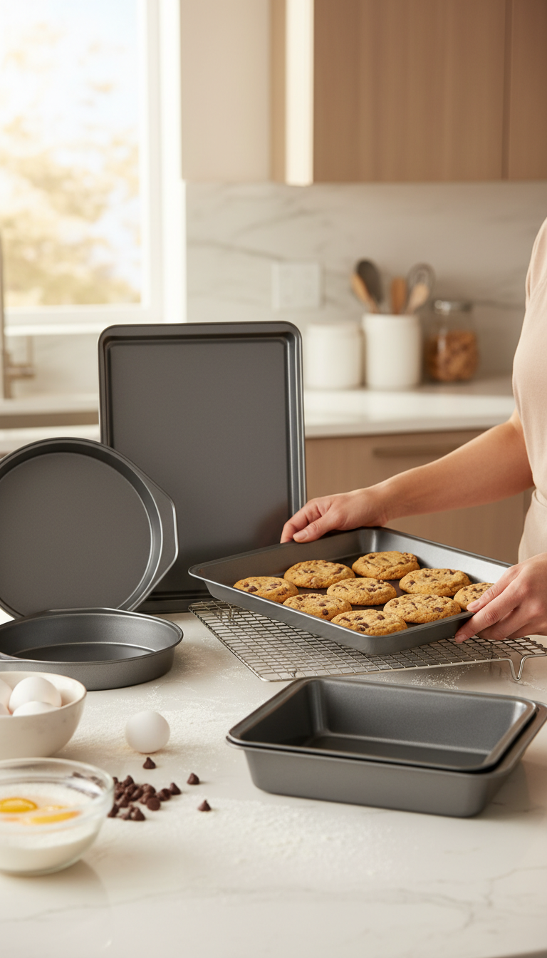 A Photo Collage Showing The Amazon Basics Bakeware In Use: One Pan With Muffins, One With Cookies, And Someone Wiping A Clean Pan With A Soft Cloth.