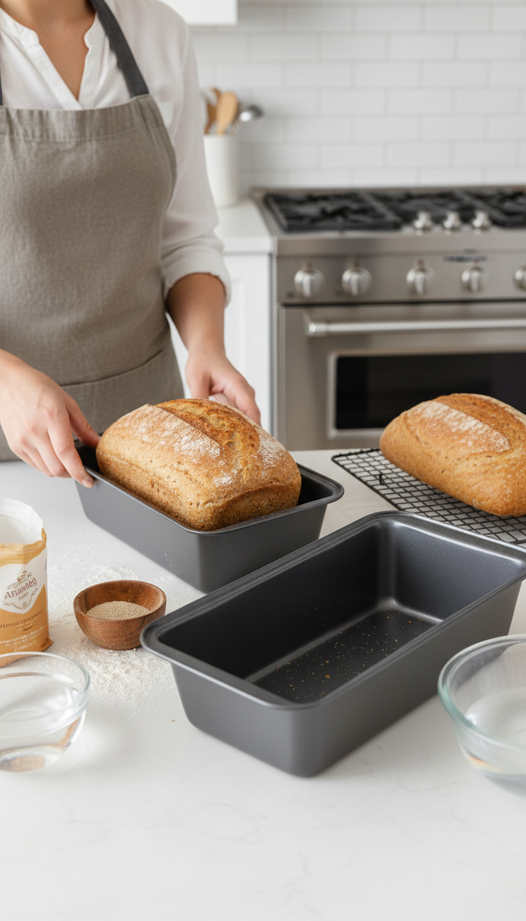 A Loaf Of Bread Sitting Next To The Amazon Basics Nonstick Loaf Pan On A Wooden Cutting Board.