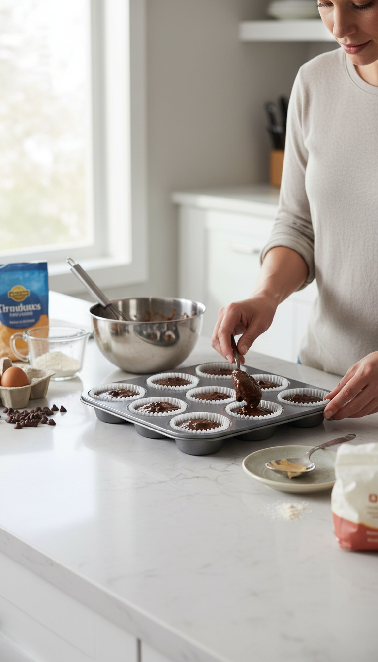 A Picture Of The Amazon Basics Nonstick Muffin Pan On A Kitchen Counter.