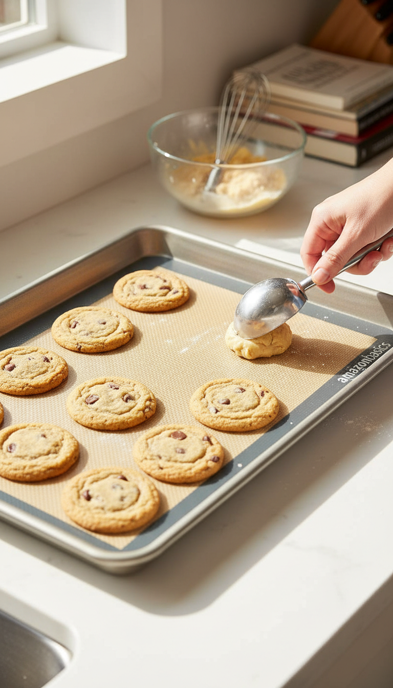 A Photo Showing The Amazon Basics Silicone Mat On A Baking Sheet With Freshly Baked Cookies, Demonstrating The Non-Stick Surface.
