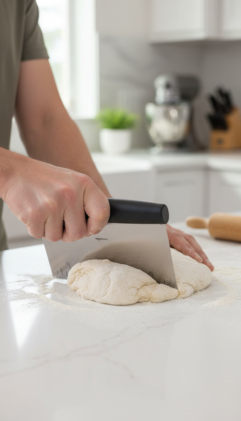 Amazon Basics Stainless Steel Bench Scraper Covered In Flour, Demonstrating Active Use.