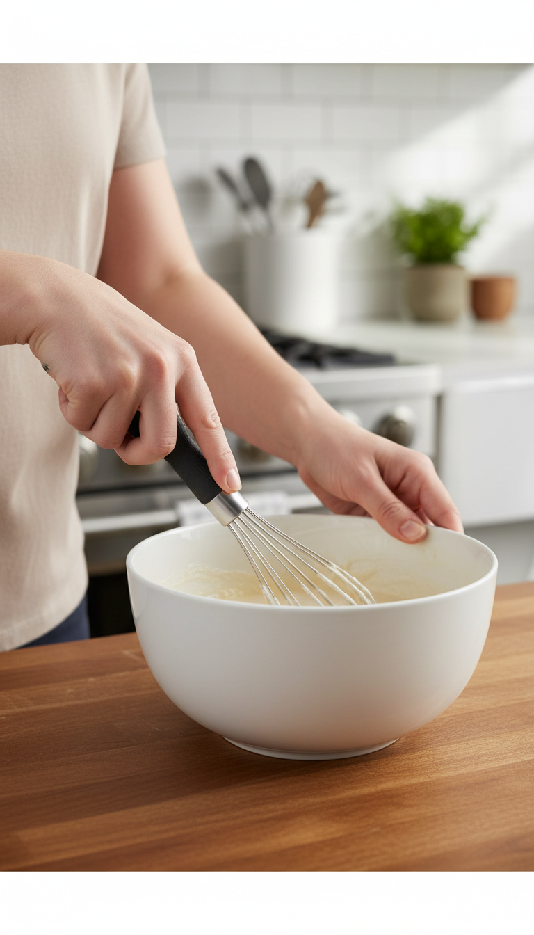 A Photo Showing The Amazon Basics Whisks Next To A Bowl Of Pancake Batter, A Carton Of Eggs, And A Stopwatch.