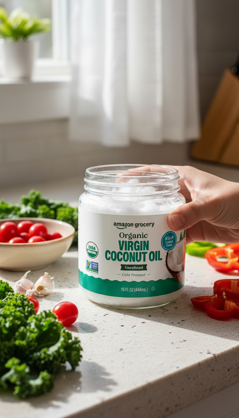 A Jar Of Amazon Fresh Organic Coconut Oil On A Kitchen Counter Next To A Frying Pan And A Small Bowl For Skincare Use.