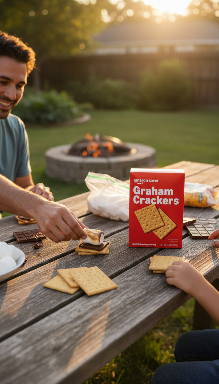A Box Of Amazon Saver Graham Crackers Next To A Box Of Honey Maid On A Kitchen Counter, With Crackers From Each On A Plate.