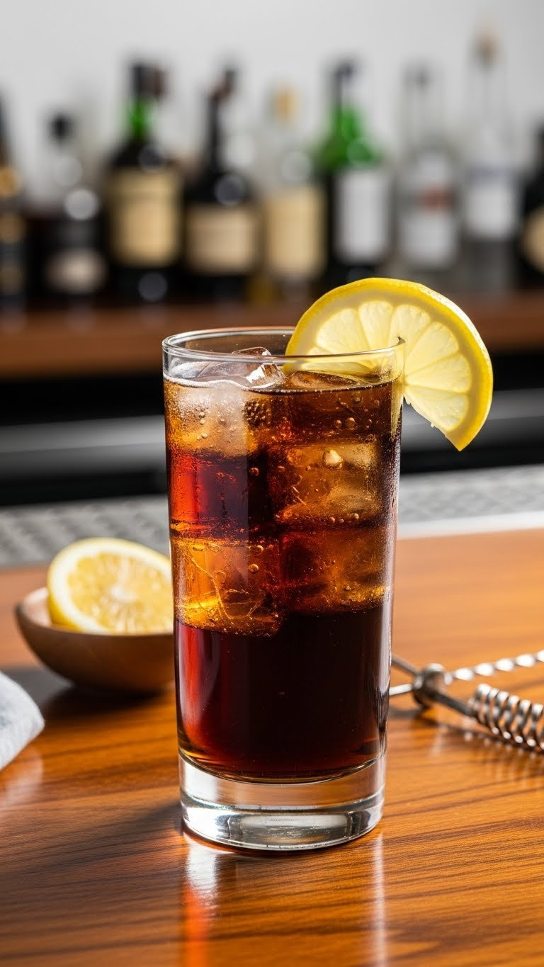Amber Long Island Iced Tea Cocktail In Highball Glass With Lemon Wedge Garnish On Polished Bar Top.