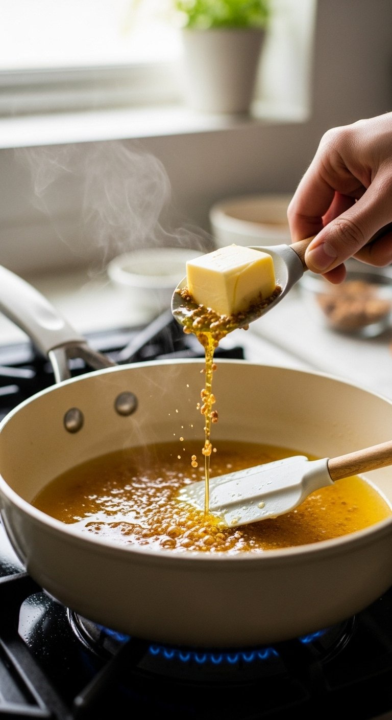 Amber Brown Butter With Toasted Milk Solids Bubbles In A Light Saucepan On A Stove.