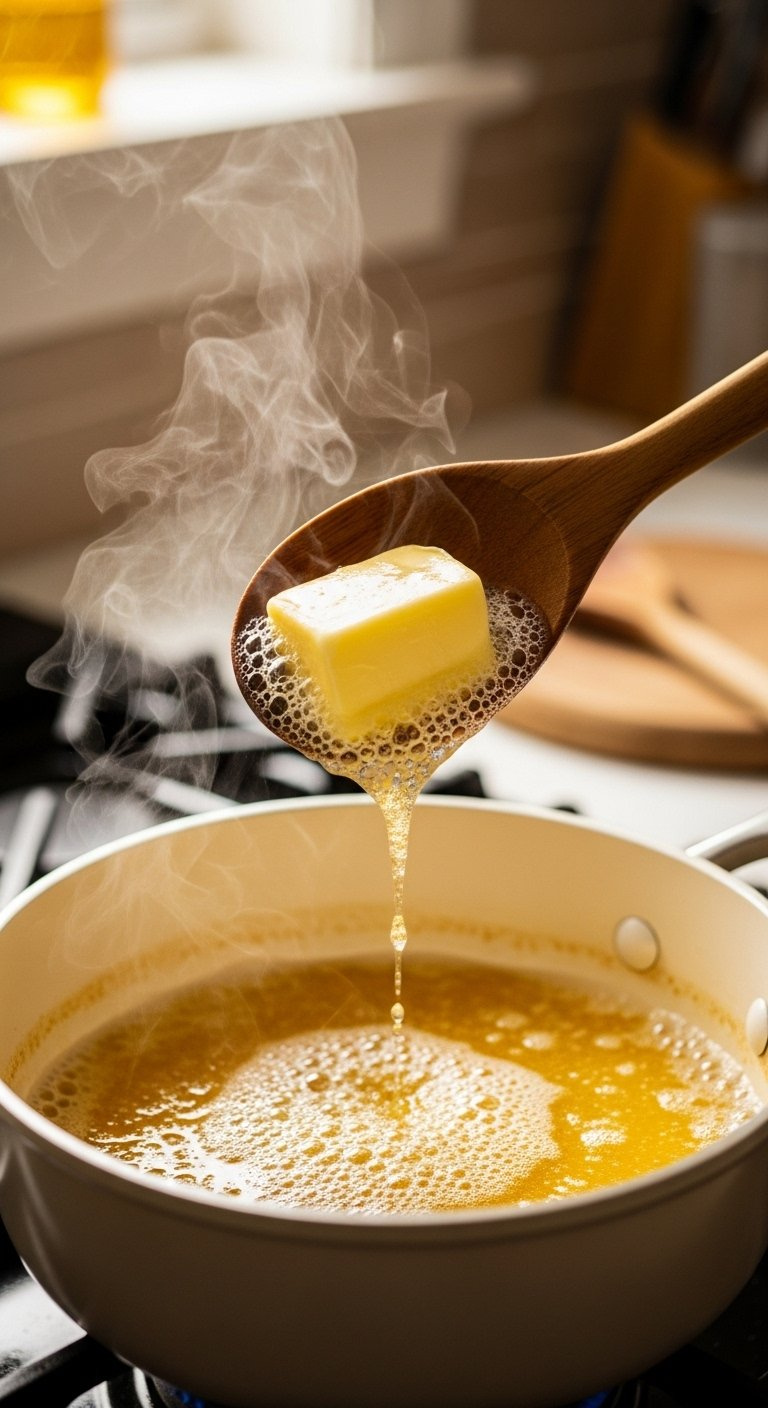 Amber Browned Butter Foaming In A Light Saucepan With Browned Milk Solids At The Bottom.