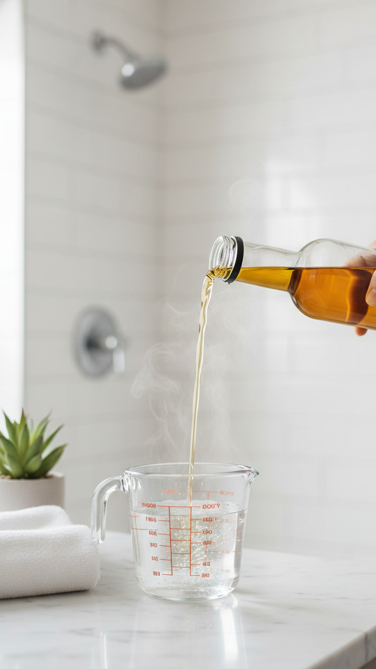 Amber Glass Bottle Pouring Apple Cider Vinegar Into Measuring Cup With Steam Rising For Acv Hair Rinse On Marble Countertop