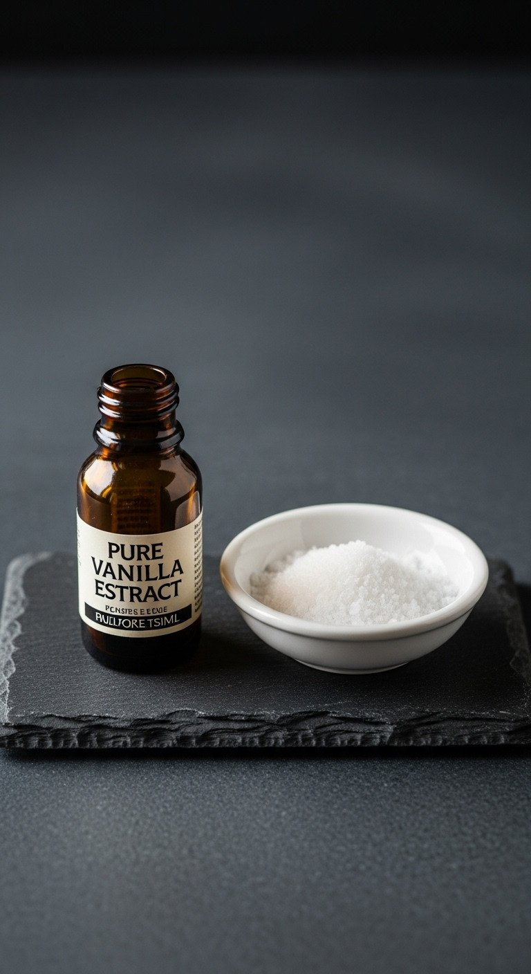 Amber Vanilla Extract Bottle And Flaky Sea Salt In A White Dish On Dark Slate. Key Gourmet Recipe Finishing Ingredients.