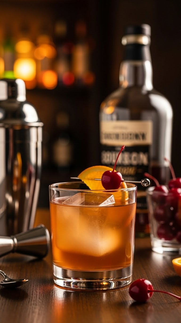 Amber Whiskey Sour With Orange Slice And Cherry Garnish In Rocks Glass On Dark Wooden Table