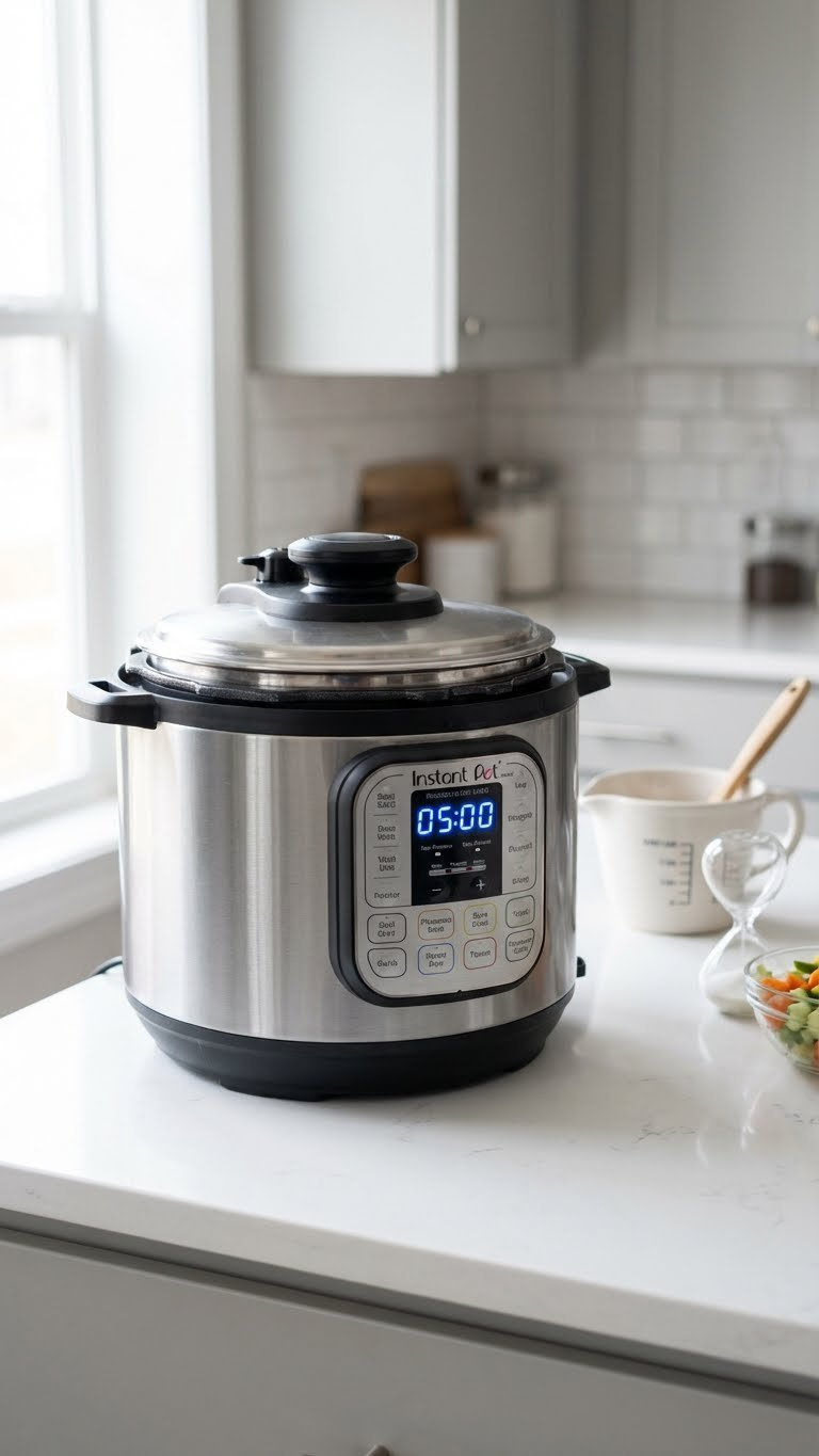 An Instant Pot Cooks Under Pressure With Its Lid Locked And Valve Sealed, Showing A Digital Countdown On A Kitchen Counter.
