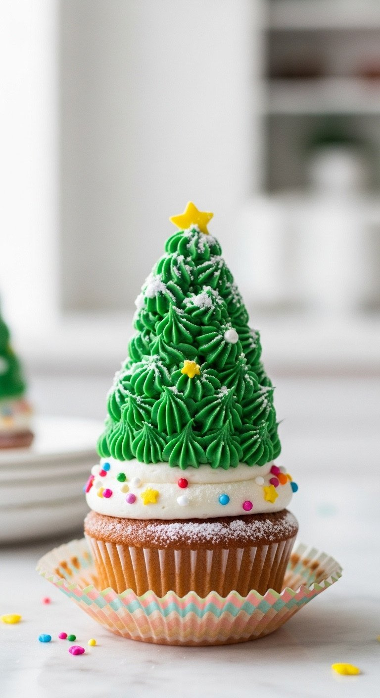 An Elegant Christmas Tree Cupcake With Piped Green Frosting, Powdered Sugar Snow, And A Yellow Star On A Marble Counter.