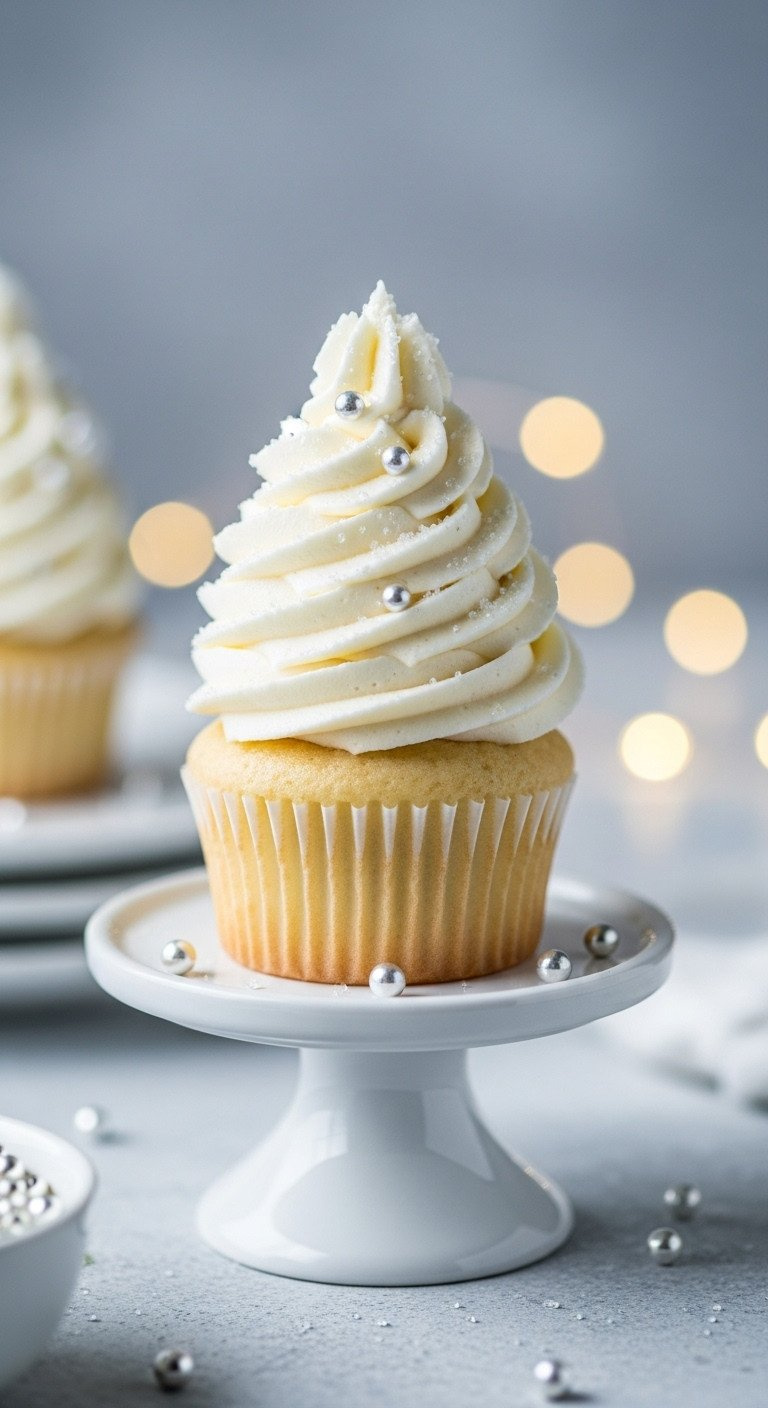An Elegant Vanilla Cupcake With White Buttercream Frosting Piped Like A Christmas Tree And Dusted With Sanding Sugar.