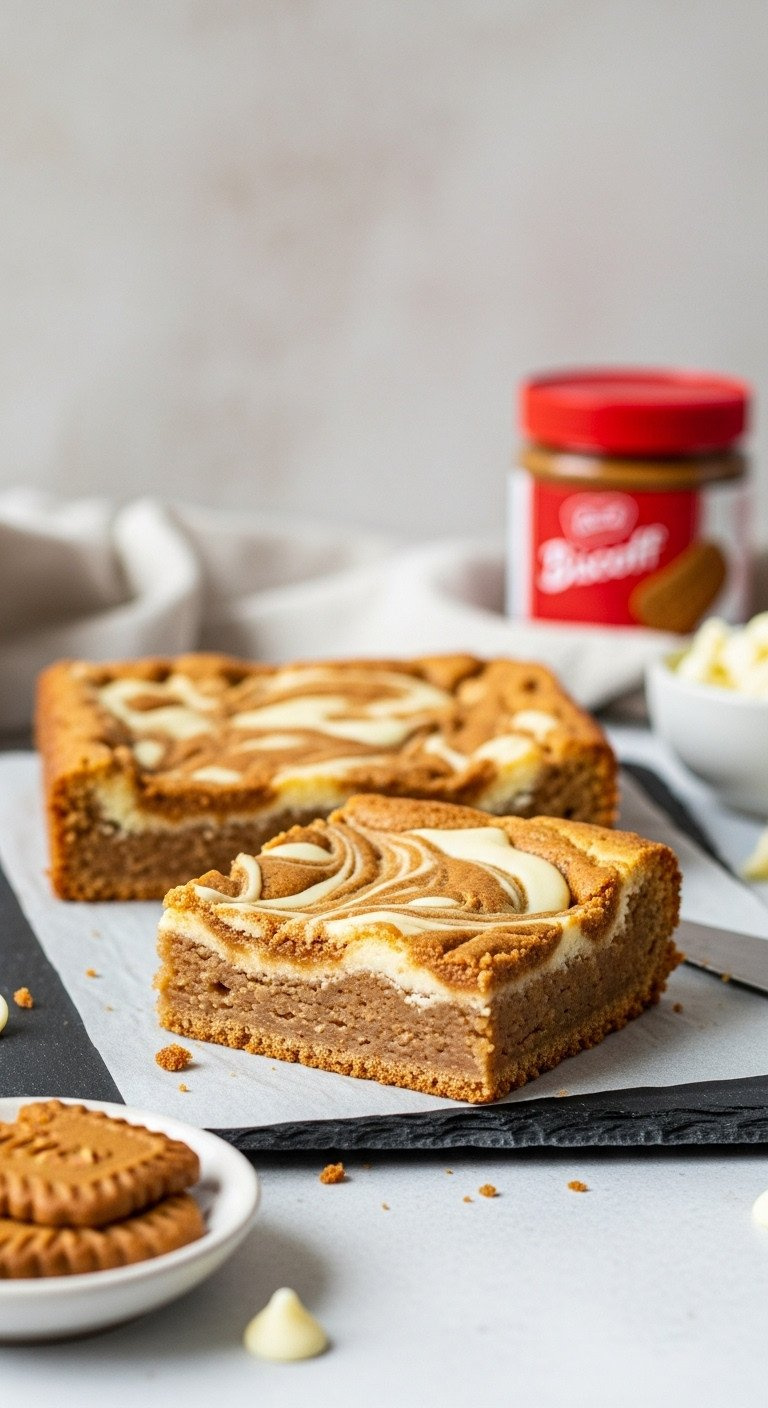 An Eye-Level Close-Up Of A Chewy Biscoff Blondie With A Cookie Butter And White Chocolate Swirl On A Slate Board.