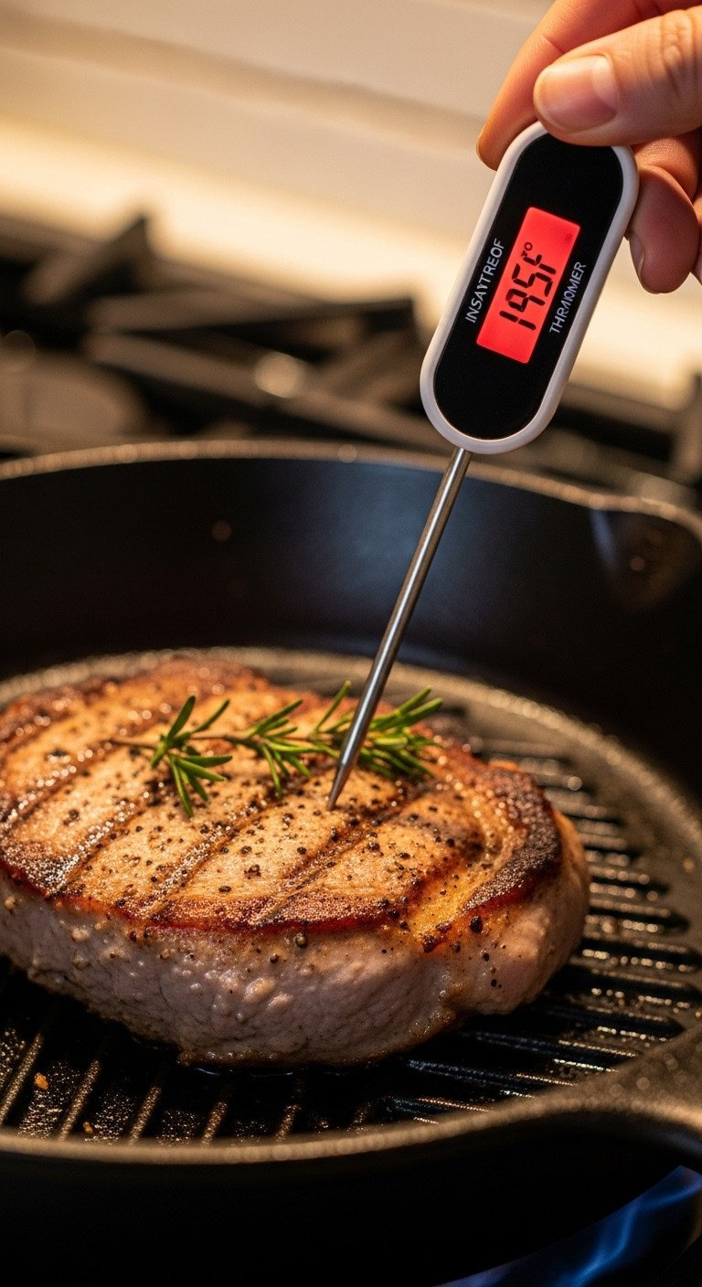 An Instant-Read Meat Thermometer Shows A Perfect 145°F Internal Temperature On A Juicy, Seared Pork Chop In A Skillet.