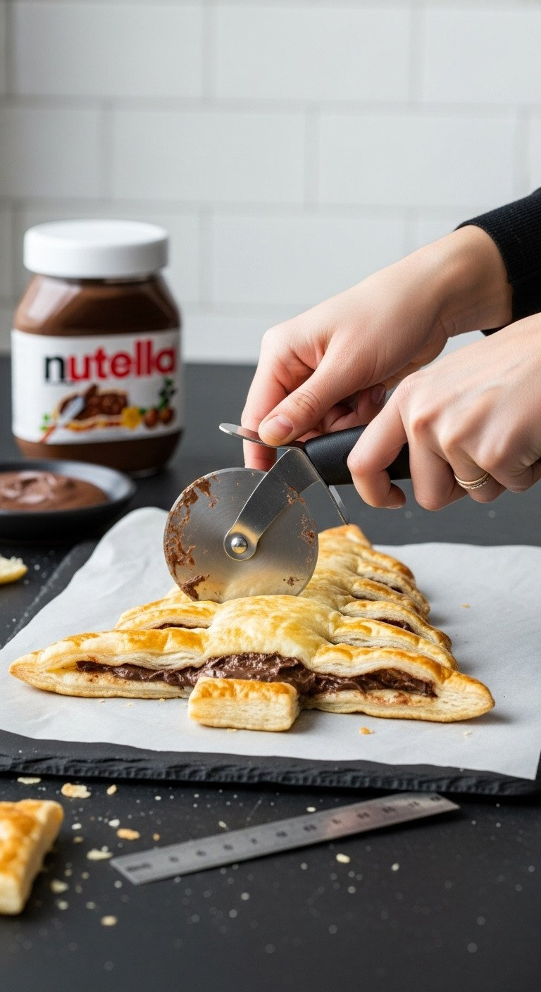 An Offset Spatula Spreads Creamy Chocolate Hazelnut Nutella Over A Puff Pastry Sheet On A Rustic Wooden Table For A Recipe.