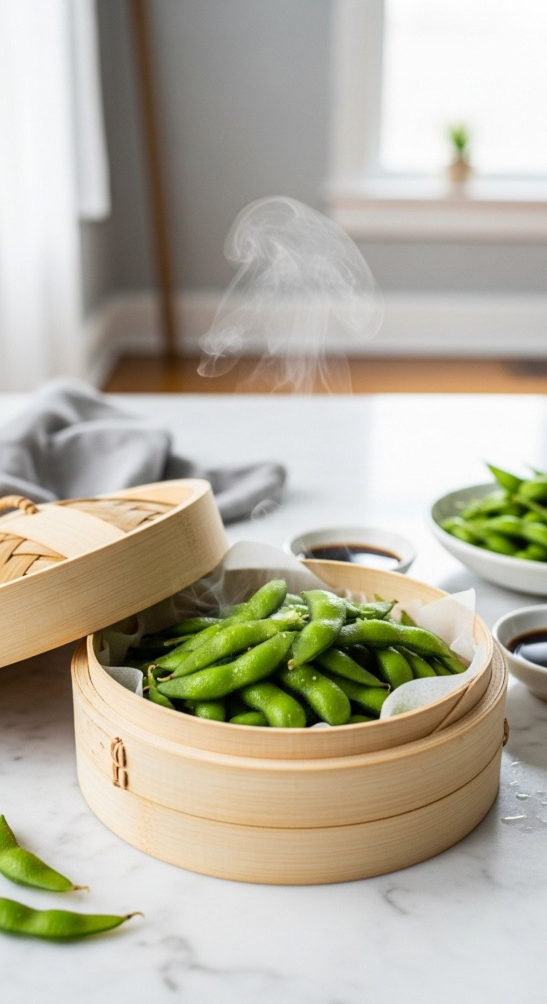 An Open Bamboo Steamer Basket Filled With Bright Green Steamed Edamame Pods, With A Side Of Soy Sauce On A Marble Countertop.
