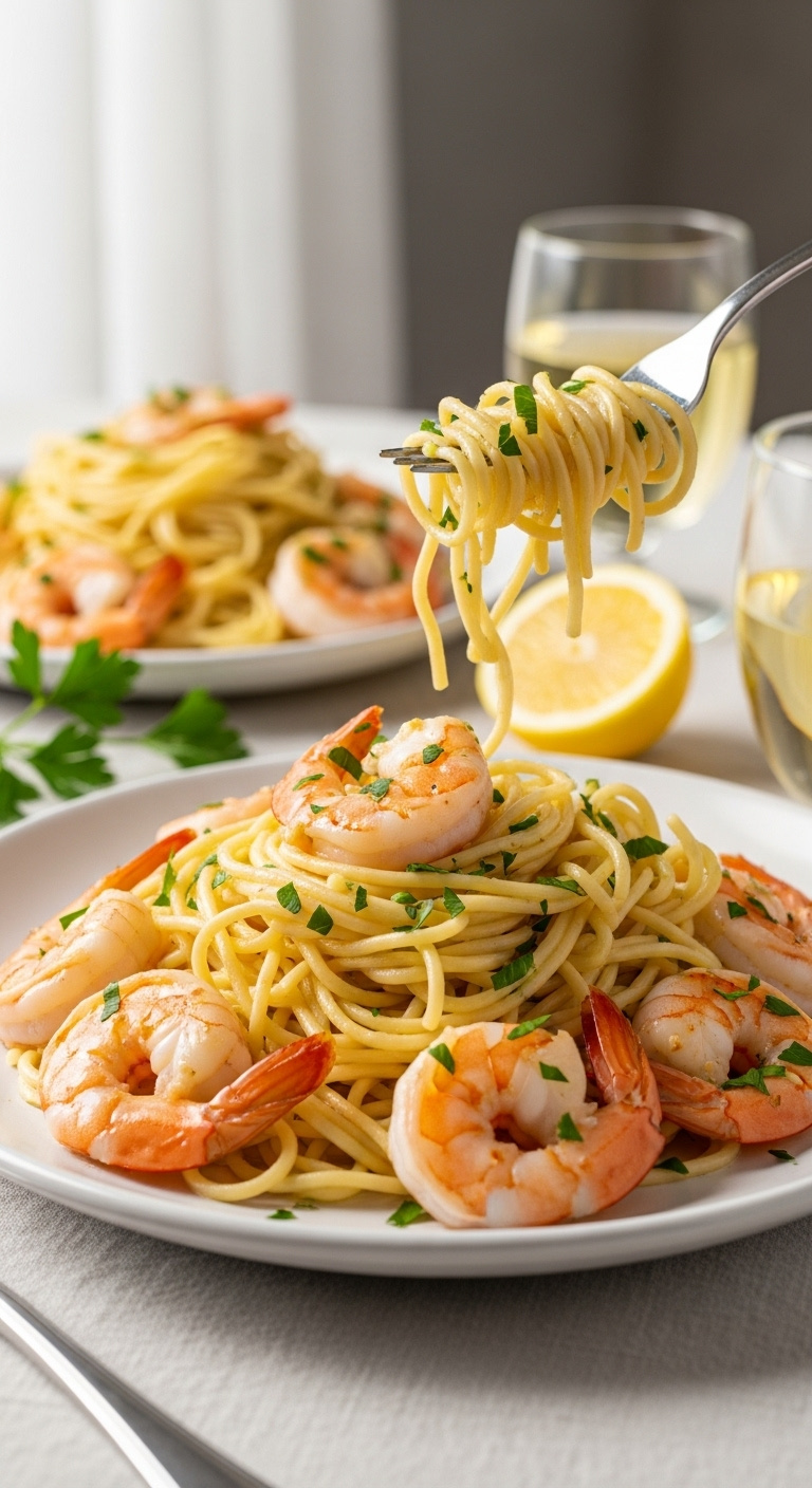 Angel Hair Pasta With Succulent Shrimp In Garlic White Wine Sauce, Garnished With Parsley, Fork, Wine, And Lemon