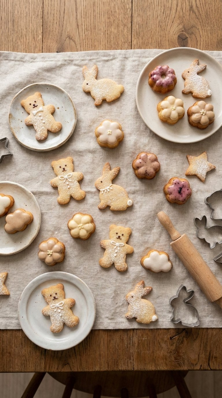 Animal-Shaped Cookies And Mini Cakes With Floral Designs Arranged Playfully On Rustic Wooden Table