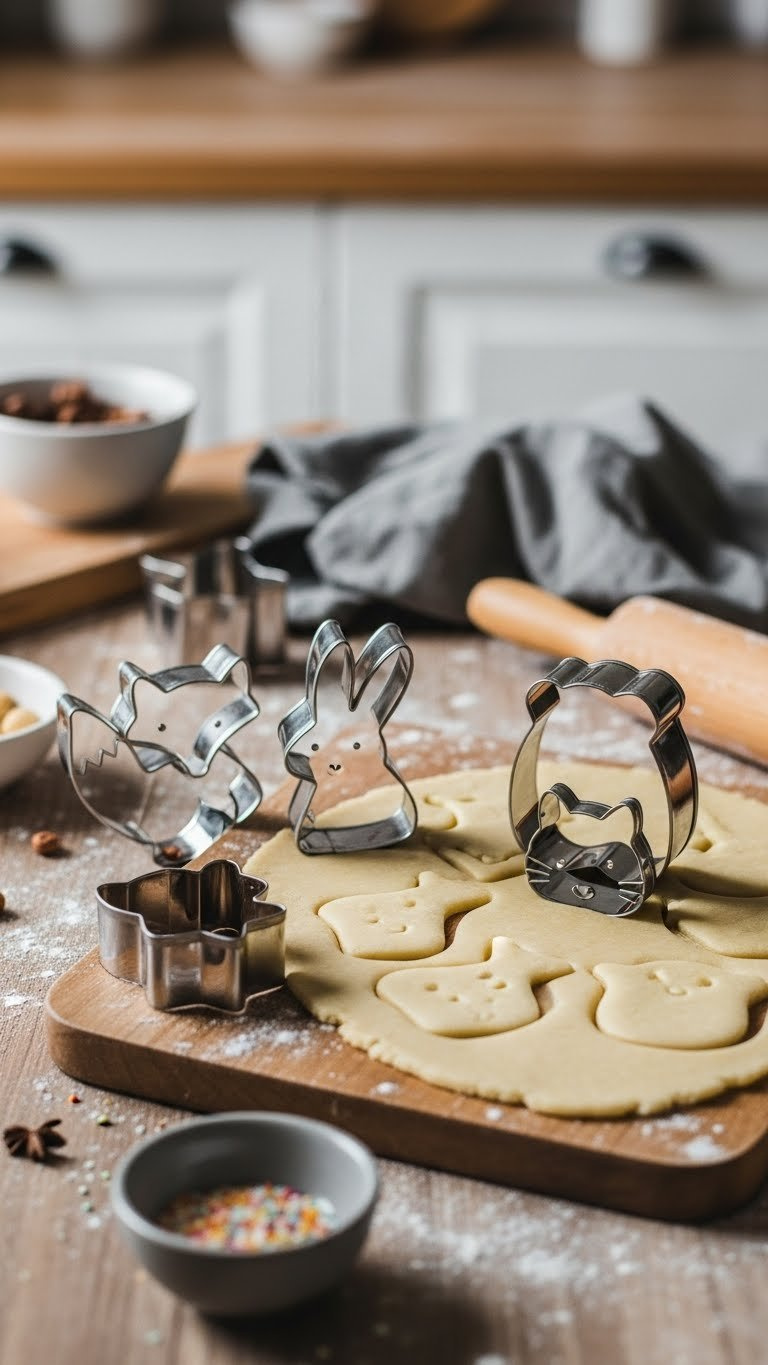 Animal-Shaped Stainless Steel Cookie Cutters Arranged On Floured Wooden Board With Freshly Cut Dough Shapes Ready For Baking.