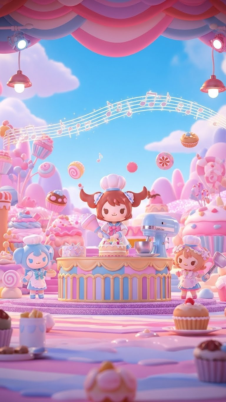 Anime-Inspired Characters Baking To Musical Notes With Magical Desserts On Confectionery Stage