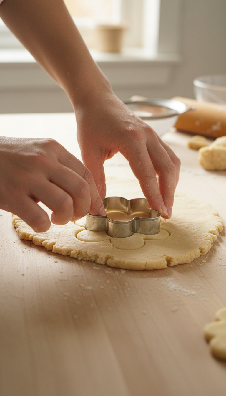 A Photo Showing The Ann Clark Flower Cookie Cutter Next To A Batch Of Unbaked, Perfectly Cut Flower-Shaped Cookie Dough On A Baking Sheet.
