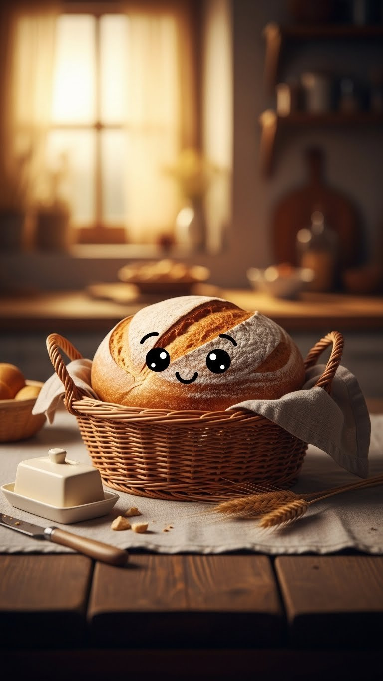 Anthropomorphized Smiling Artisanal Sourdough Loaf With Expressive Eyes In Rustic Wicker Basket On Linen Tablecloth