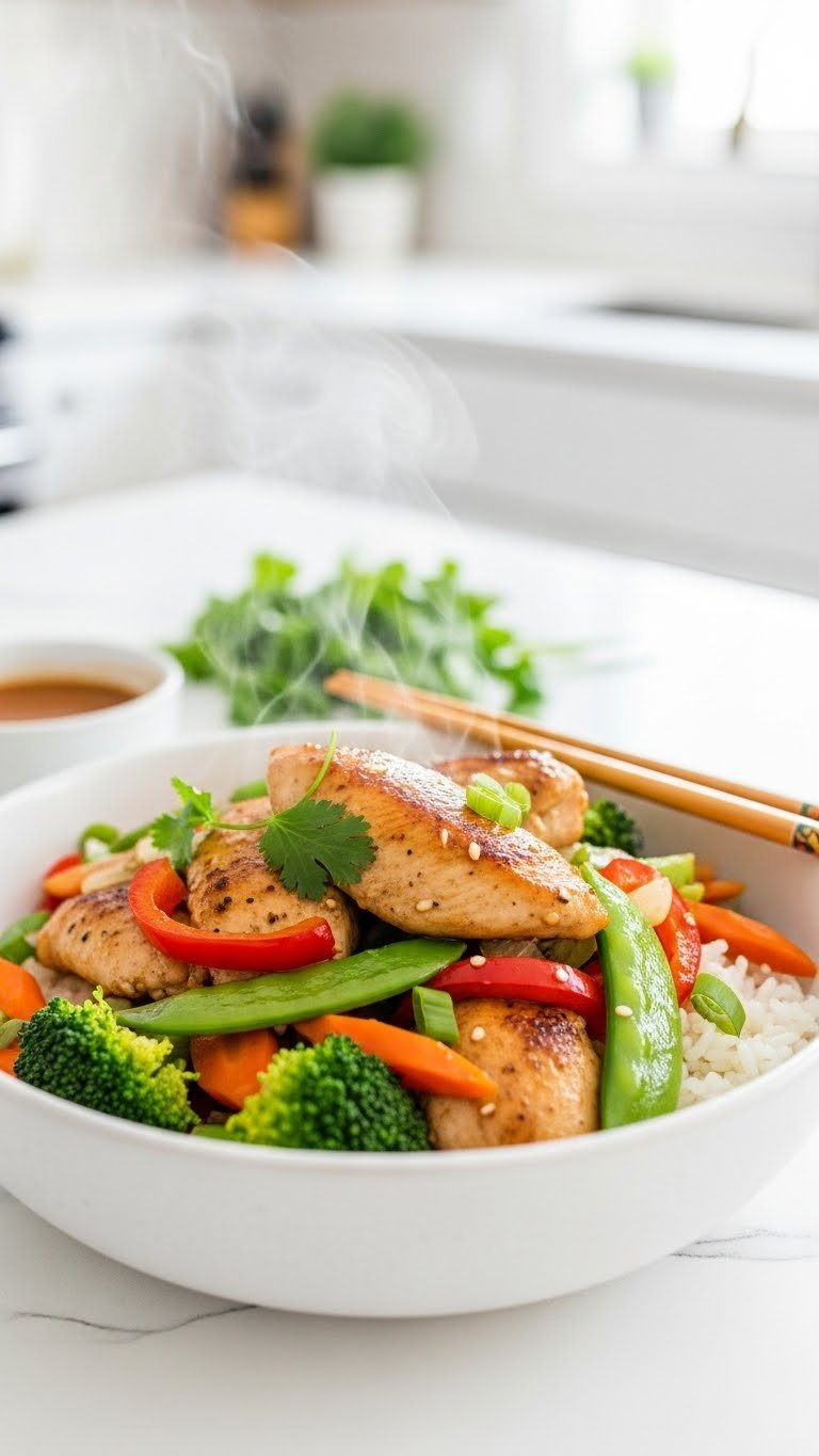 Appetizing 21 Day Fix Instant Pot Chicken And Veggie Stir-Fry With Glossy Chicken, Crisp Vegetables, And Chopsticks In A Modern Ceramic Bowl.