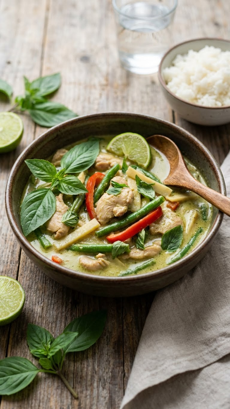 Appetizing Instant Pot Thai Green Curry, Vibrant And Creamy With Tender Chicken, Vegetables, Basil, And Lime.