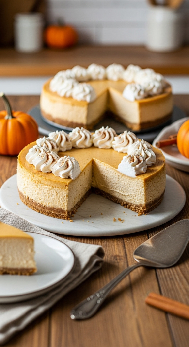 Appetizing No-Bake Pumpkin Cheesecake Slice On Graham Cracker Crust, Topped With Whipped Cream And Cinnamon, On A Rustic Table With Fall Decor.