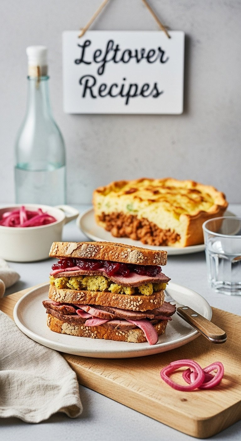 Appetizing Plate Of Creative Vegan Christmas Leftovers, Transformed Into A Layered Holiday Sandwich Or Shepherd's Pie.