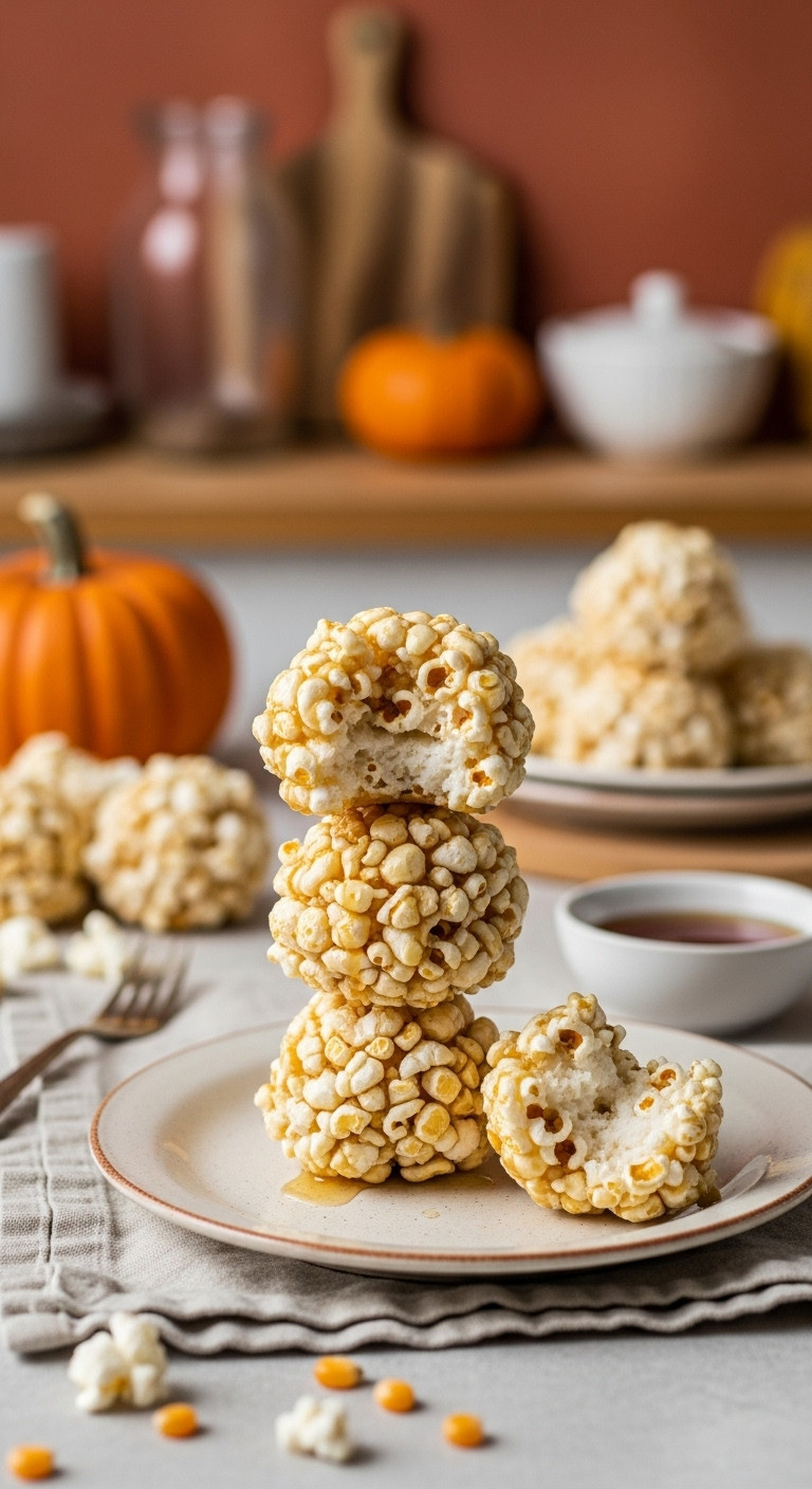 Appetizing Stack Of Three Glossy Popcorn Balls, One Bitten, On A Vintage Plate With Kernels, Corn Syrup, Autumn Kitchen.
