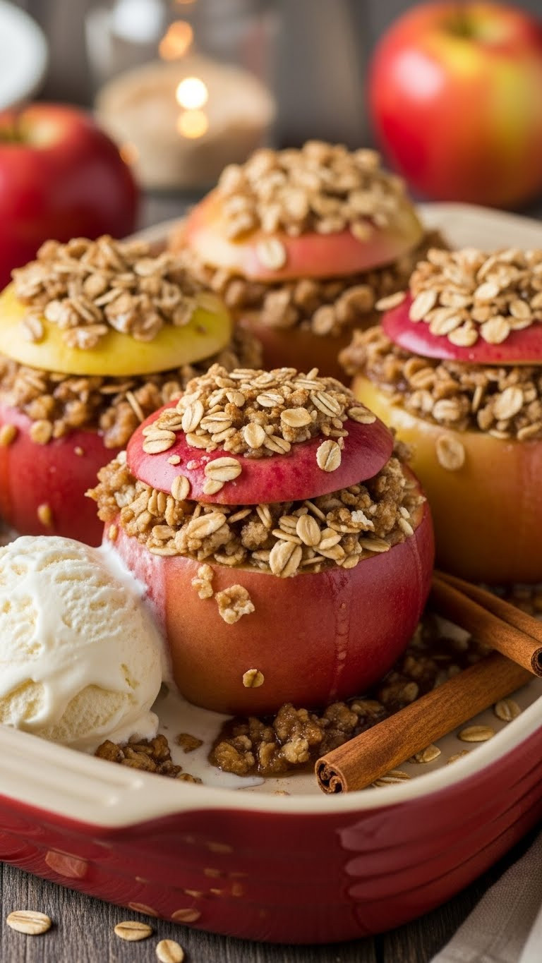 Apple Crisp Stuffed Baked Apples With Melting Vanilla Ice Cream
