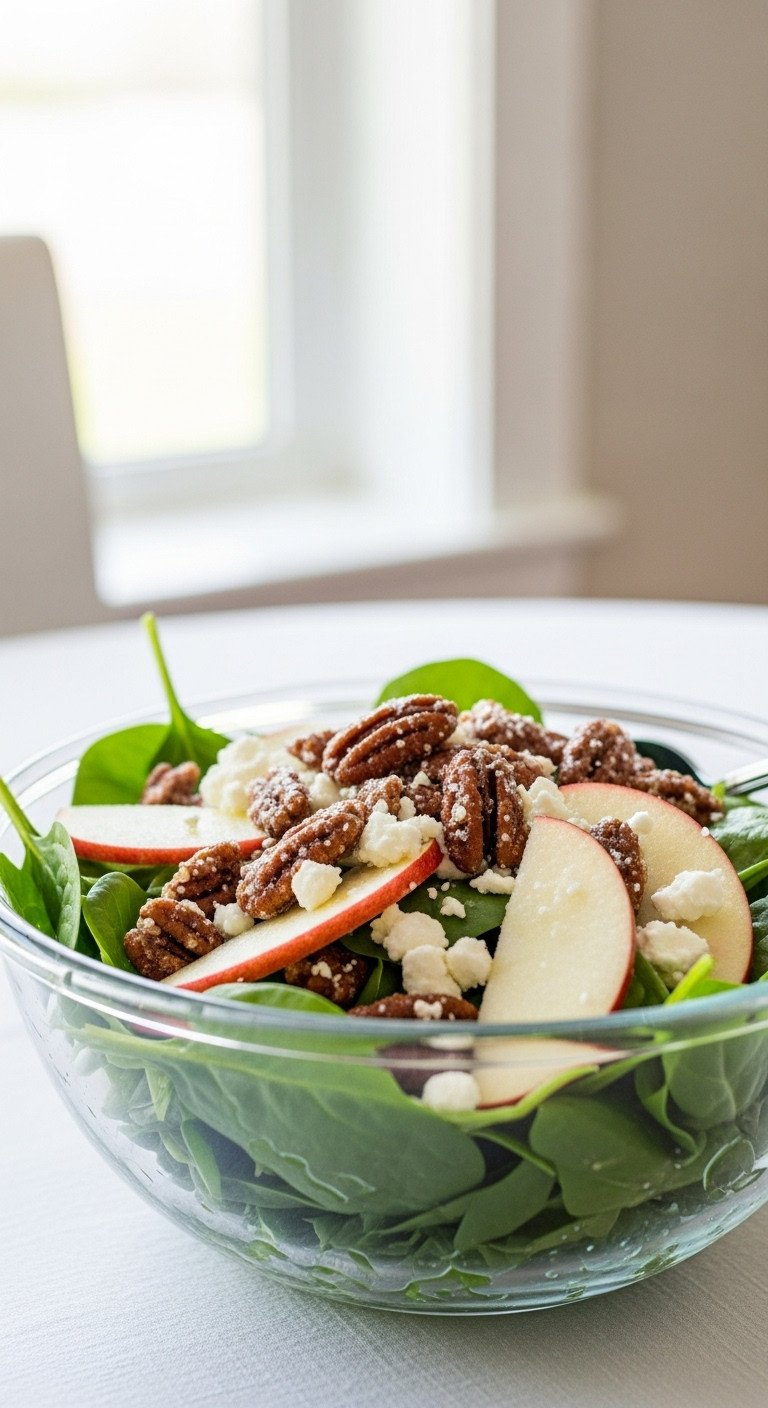 Apple Feta Spinach Salad: Fresh Spinach, Crisp Red Apple, Crumbled Feta, Candied Pecans In Clear Glass Bowl.