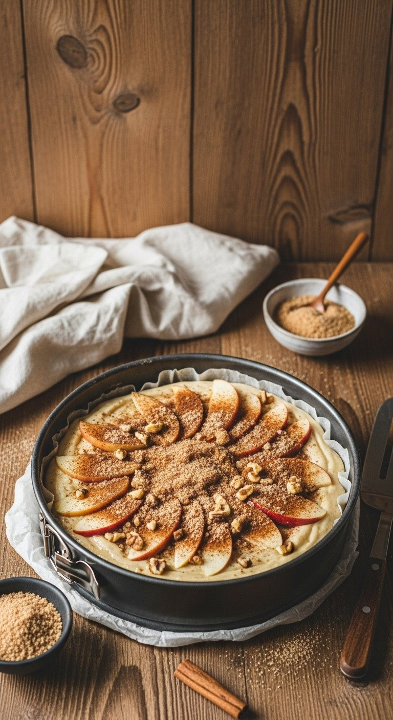 Apple Cake Batter In Springform Pan With Cinnamon Sugar, Sliced Apples, Walnuts On Rustic Wooden Table, Ready For Oven.