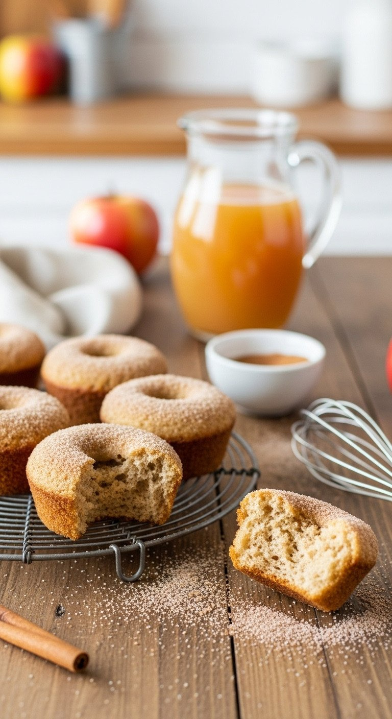 Apple Cider Doughnut Muffins On Cooling Rack, Rolled In Cinnamon Sugar, One Broken Open Revealing Moist Interior.
