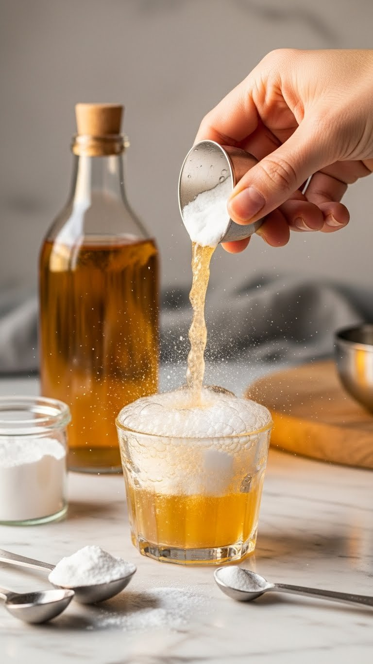 Apple Cider Vinegar And Baking Soda Vigorously Bubbling In A Glass Ramekin, Showcasing Chemical Leavening For Baking.